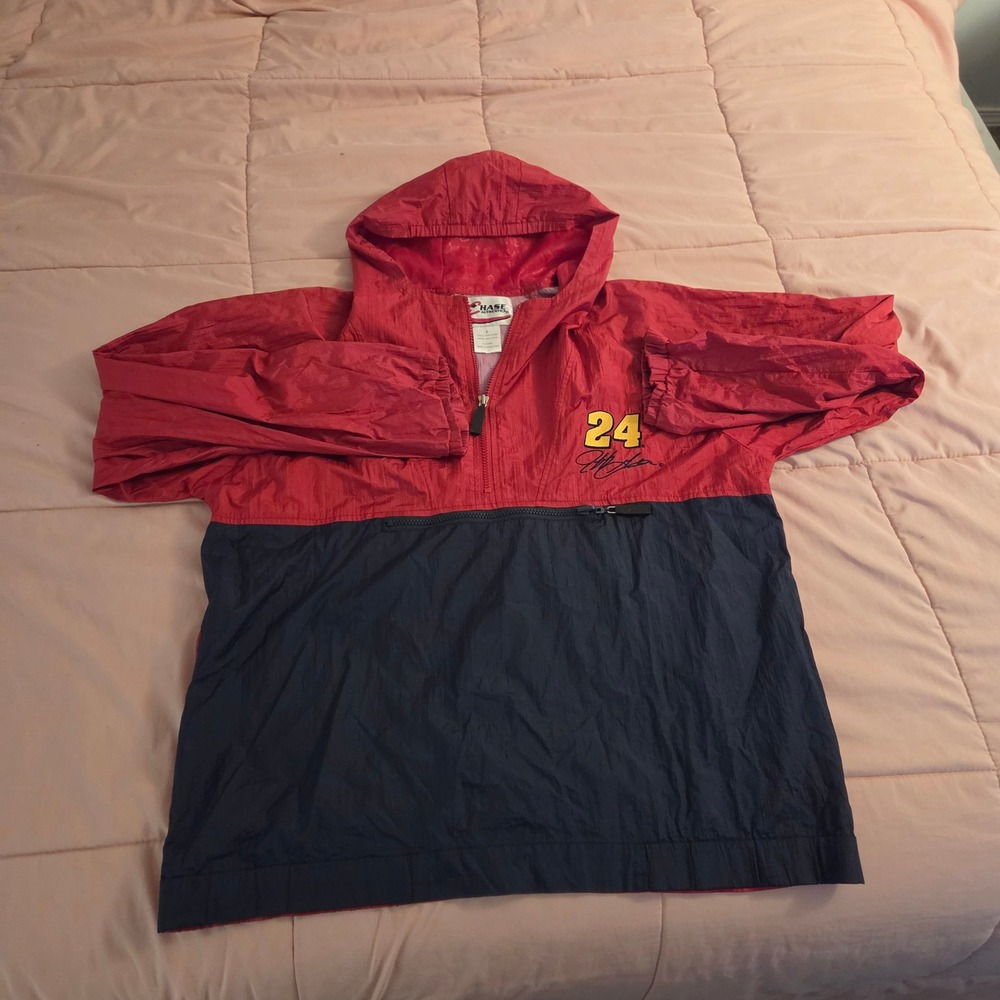 Chase Authentics Jeff Gordon 24 Windbreaker Red Navy Blue Half Zip Hooded Small